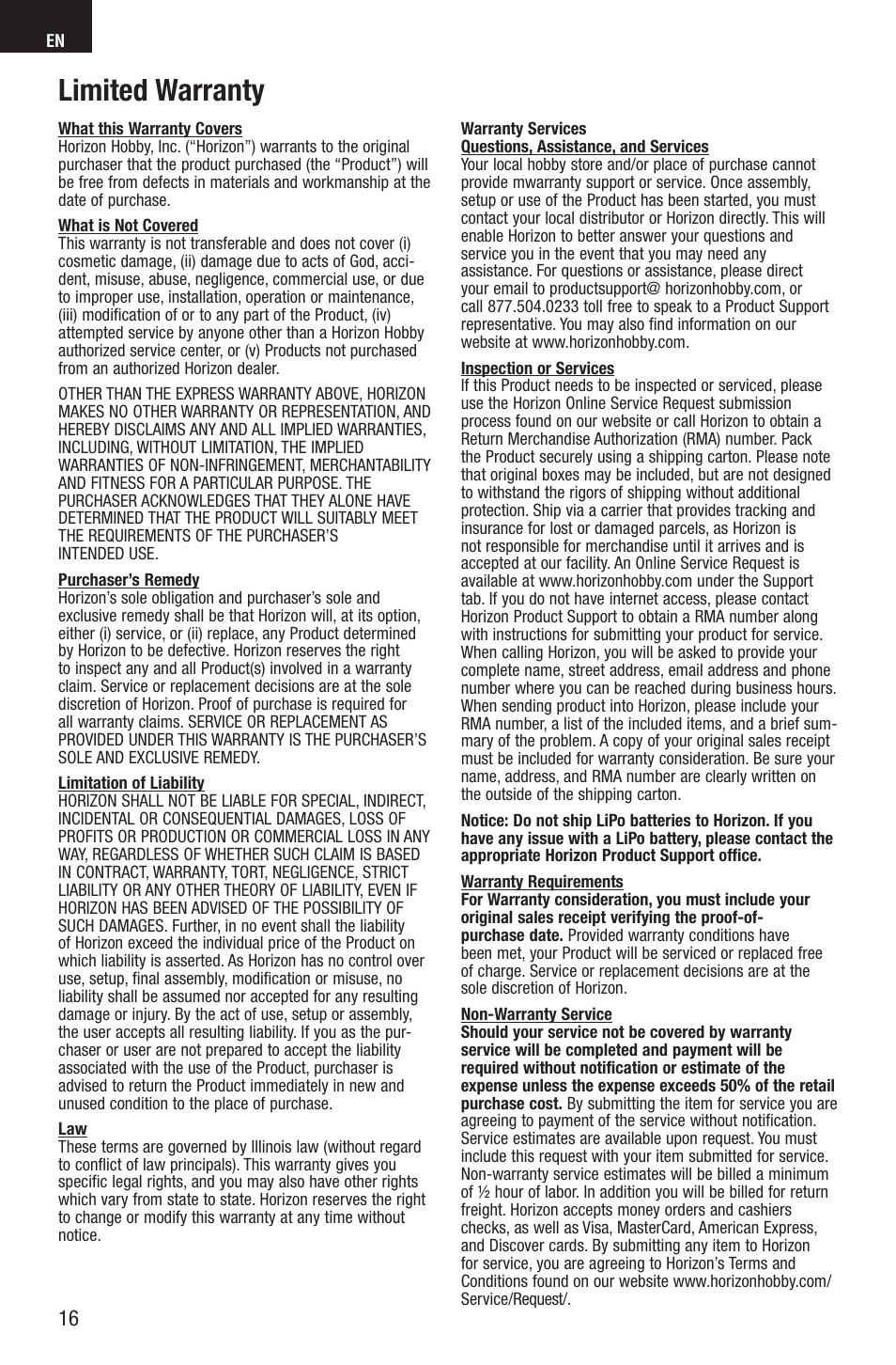 Limited warranty | E-flite UMX Hyper Taxi BNF User Manual | Page 16 / 21