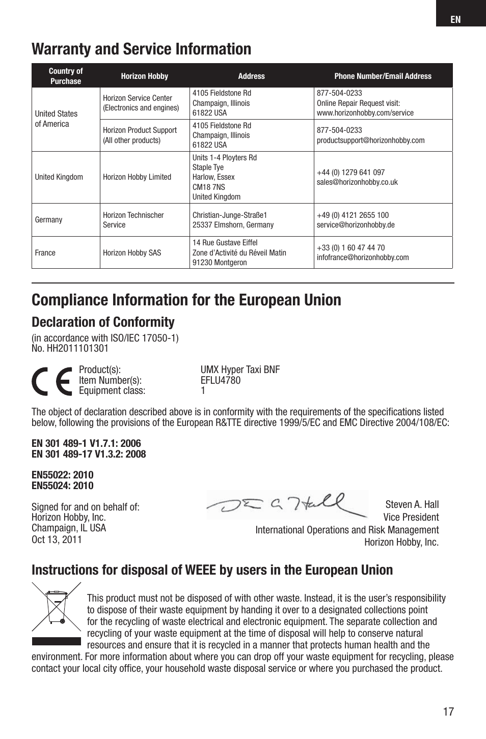 Compliance information for the european union, Warranty and service information, Declaration of conformity | E-flite UMX Hyper Taxi BNF User Manual | Page 17 / 21