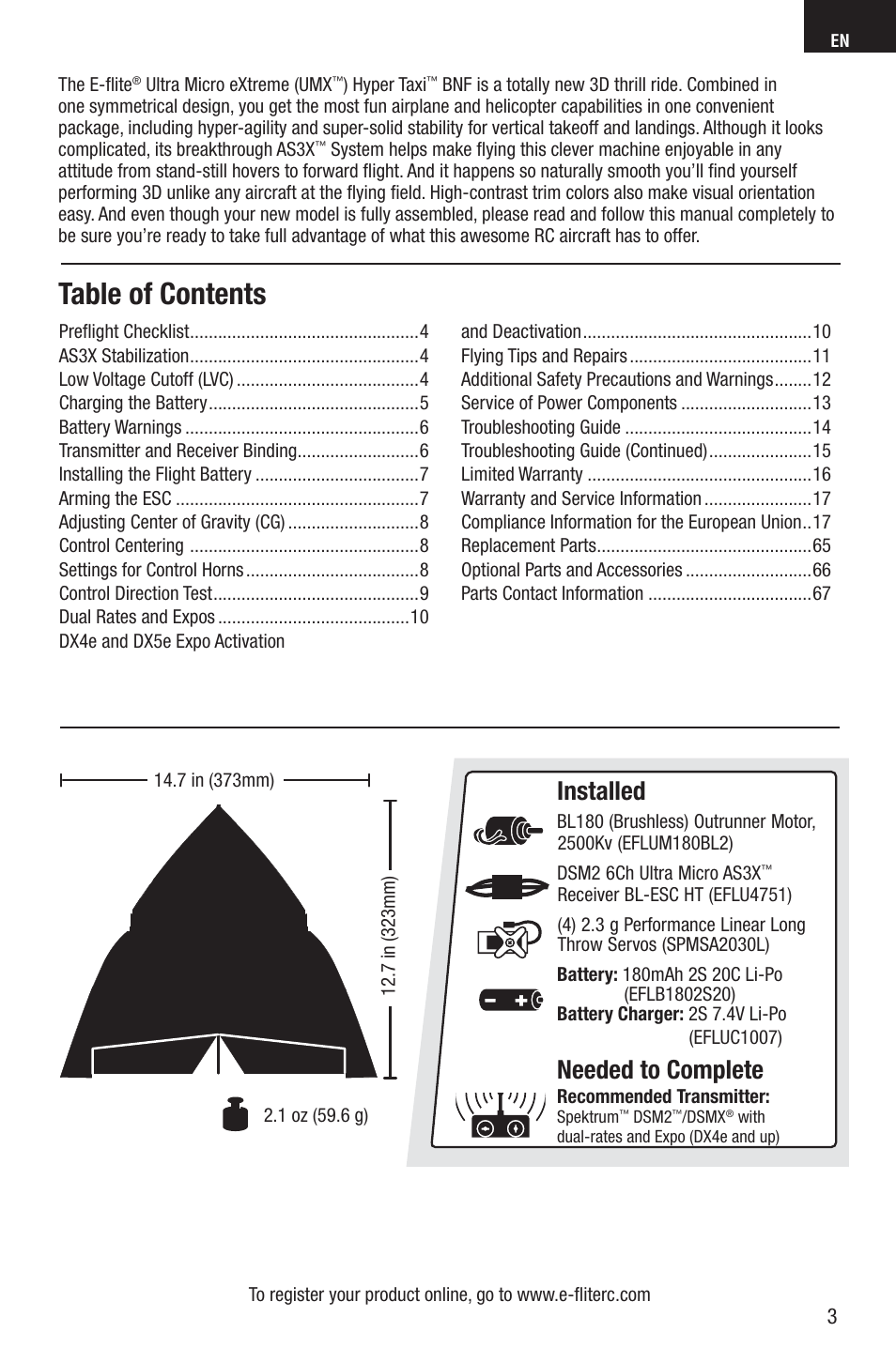 E-flite UMX Hyper Taxi BNF User Manual | Page 3 / 21