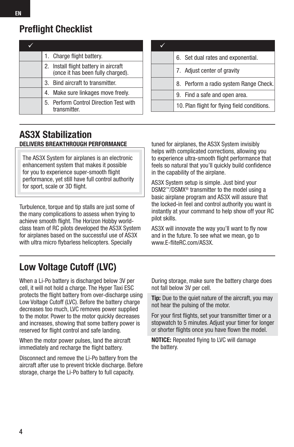 Low voltage cutoff (lvc), As3x stabilization, Preﬂ ight checklist | E-flite UMX Hyper Taxi BNF User Manual | Page 4 / 21