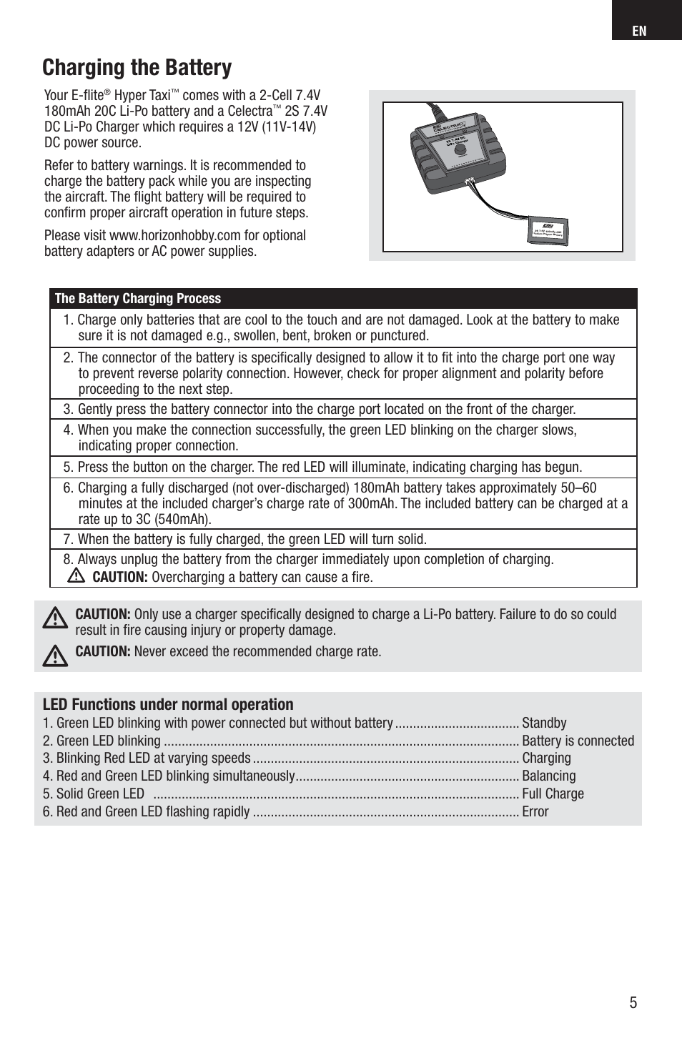 Charging the battery, Led functions under normal operation | E-flite UMX Hyper Taxi BNF User Manual | Page 5 / 21