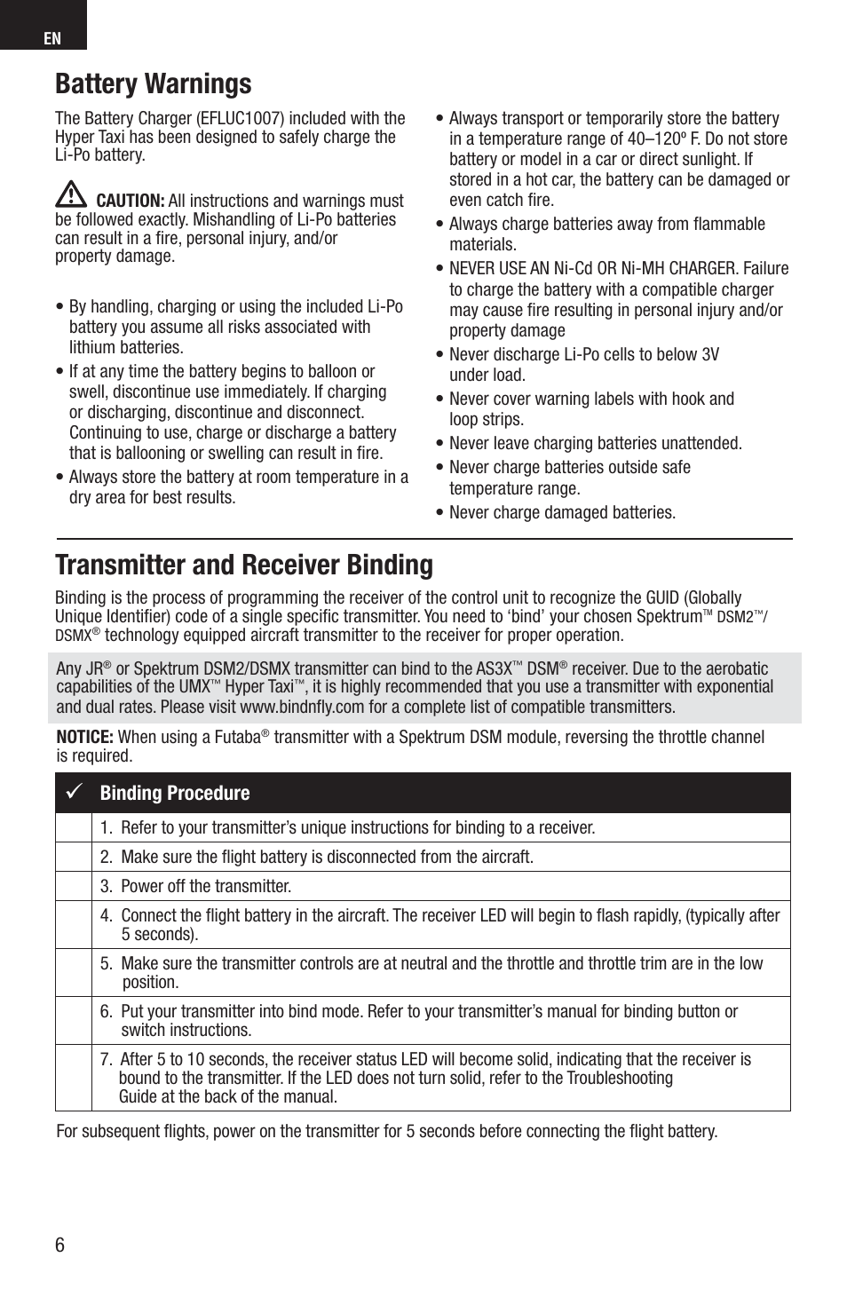 Transmitter and receiver binding, Battery warnings, Binding procedure | E-flite UMX Hyper Taxi BNF User Manual | Page 6 / 21