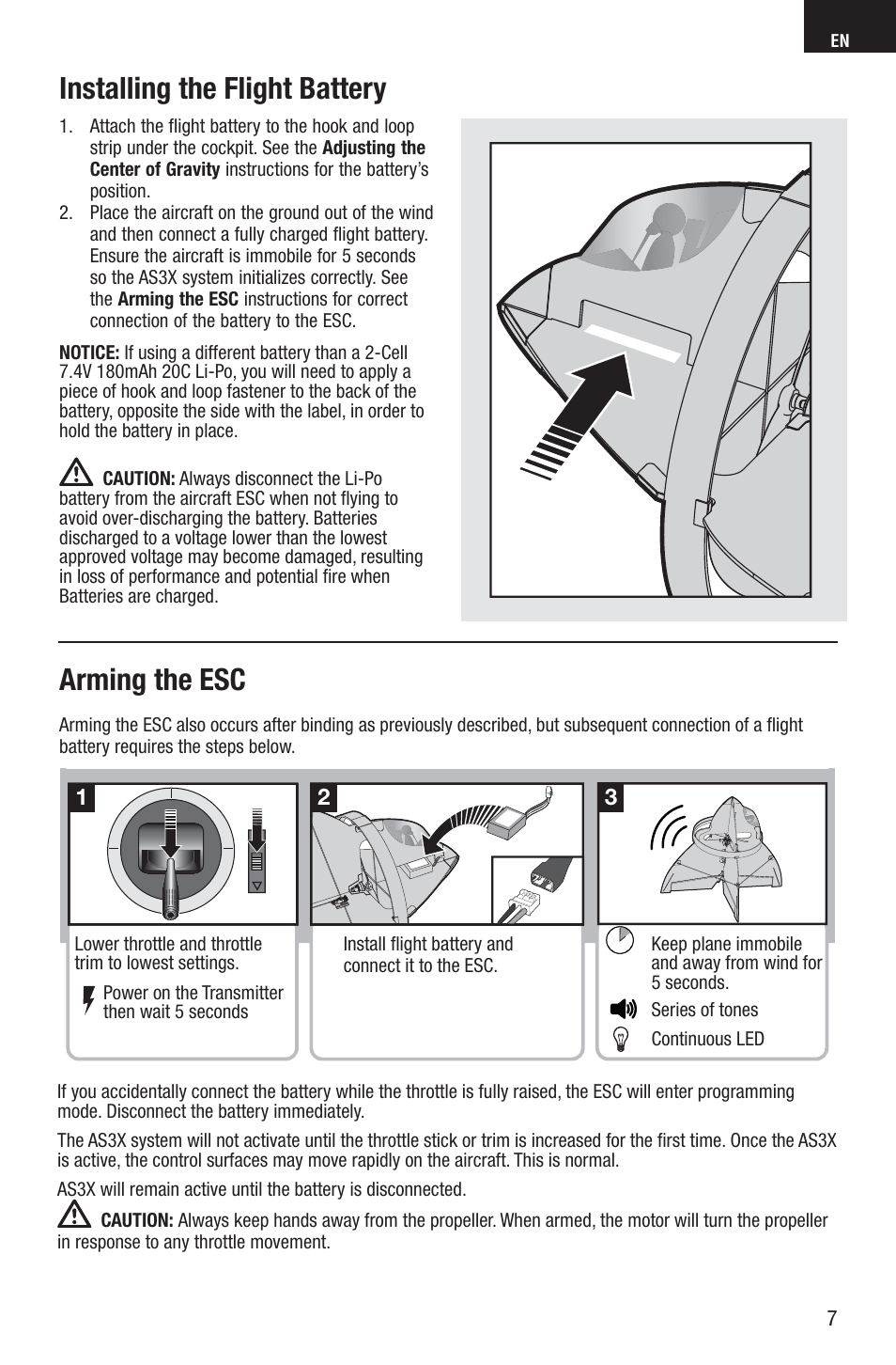 Installing the flight battery, Arming the esc | E-flite UMX Hyper Taxi BNF User Manual | Page 7 / 21