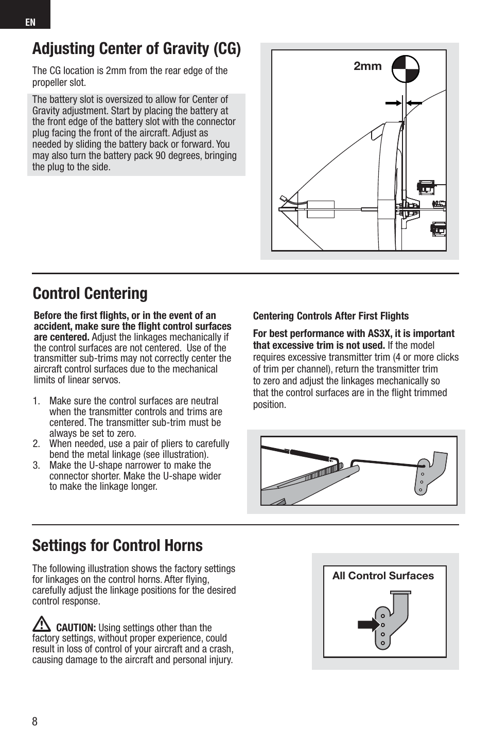 Adjusting center of gravity (cg), Control centering, Settings for control horns | E-flite UMX Hyper Taxi BNF User Manual | Page 8 / 21