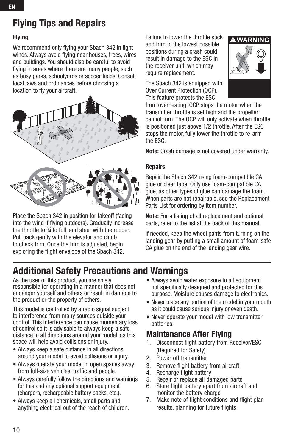Flying tips and repairs, Additional safety precautions and warnings, Maintenance after flying | E-flite UMX Sbach 342 BNF User Manual | Page 10 / 19