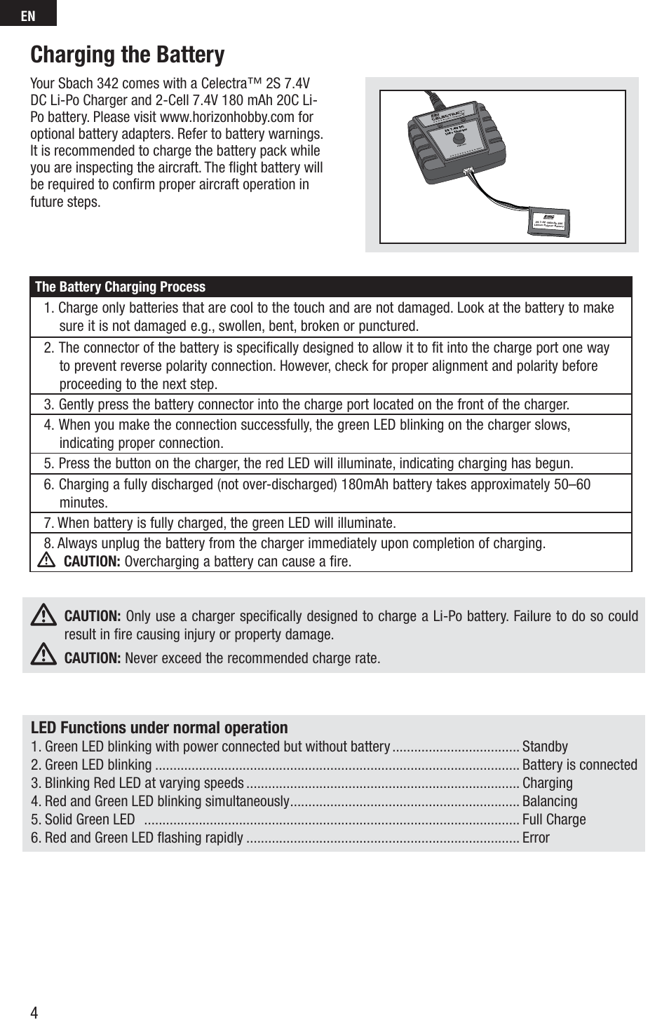Charging the battery, Led functions under normal operation | E-flite UMX Sbach 342 BNF User Manual | Page 4 / 19
