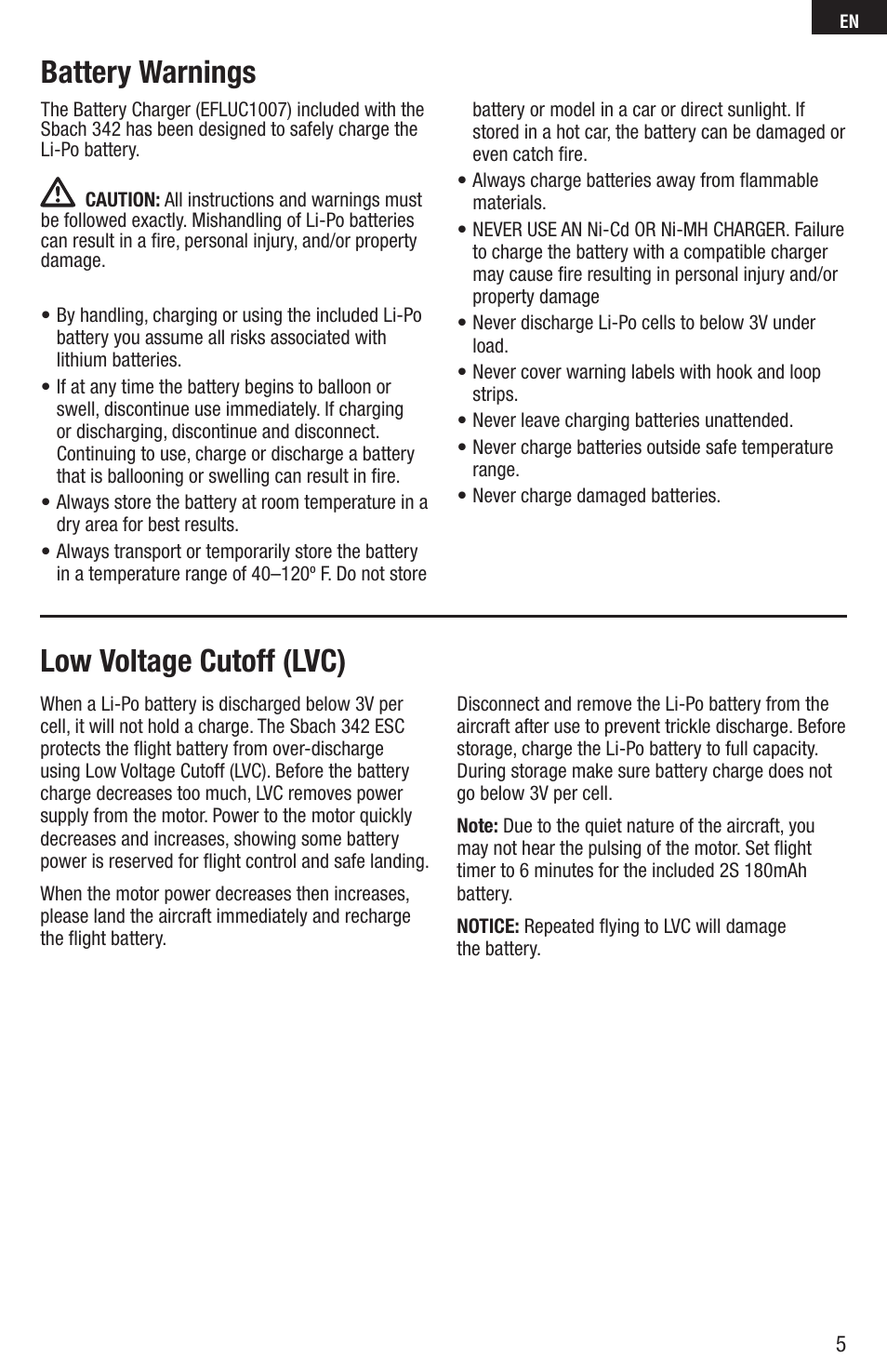 Low voltage cutoff (lvc), Battery warnings | E-flite UMX Sbach 342 BNF User Manual | Page 5 / 19