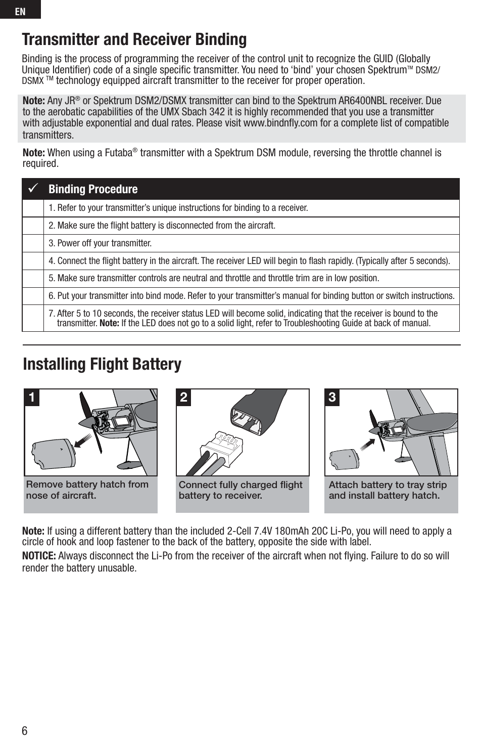 Transmitter and receiver binding, Installing flight battery | E-flite UMX Sbach 342 BNF User Manual | Page 6 / 19