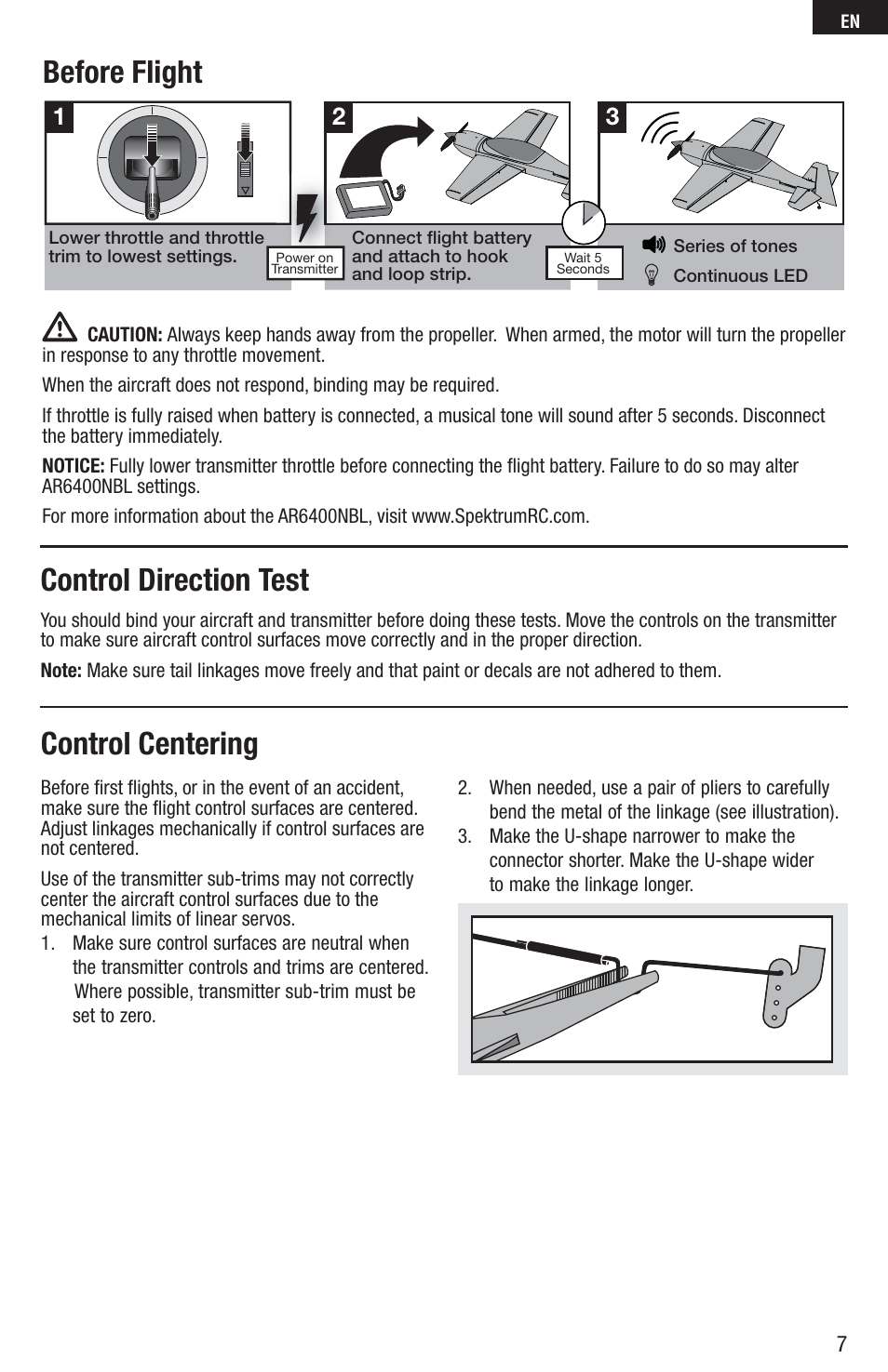 Before flight, Control direction test, Control centering | E-flite UMX Sbach 342 BNF User Manual | Page 7 / 19