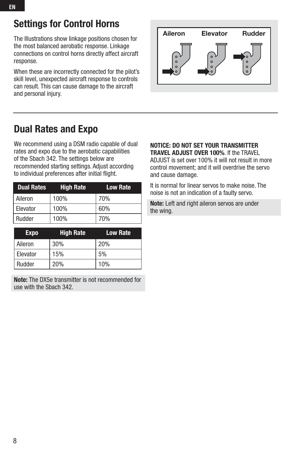 Settings for control horns, Dual rates and expo | E-flite UMX Sbach 342 BNF User Manual | Page 8 / 19