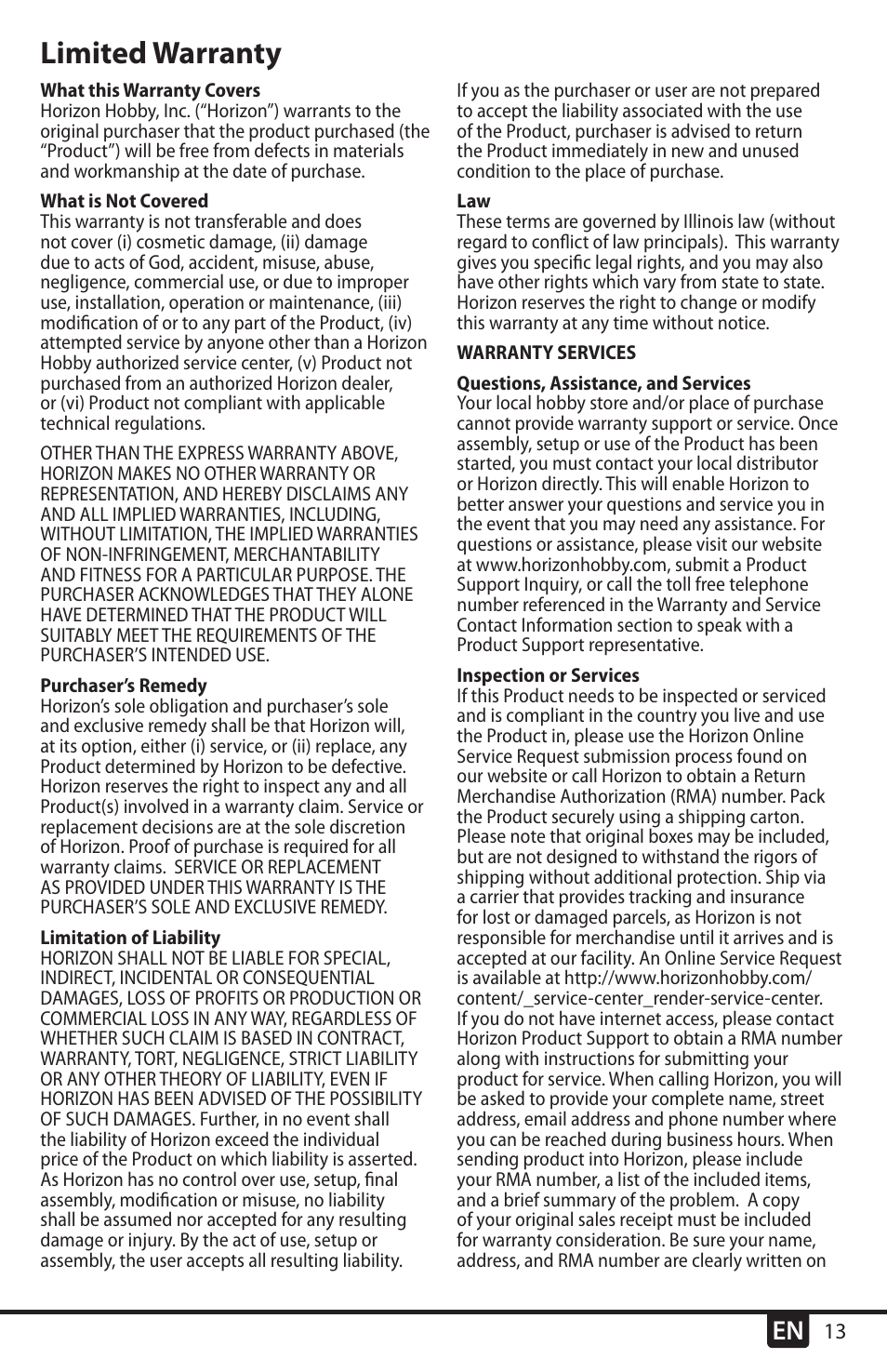 Limited warranty | E-flite UMX Radian BNF User Manual | Page 13 / 18