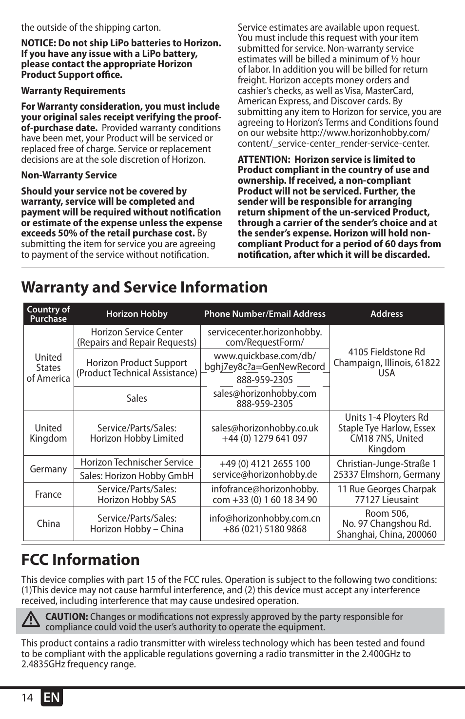 Warranty and service information, Fcc information | E-flite UMX Radian BNF User Manual | Page 14 / 18