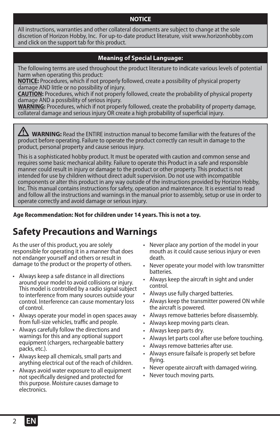 Safety precautions and warnings | E-flite UMX Radian BNF User Manual | Page 2 / 18