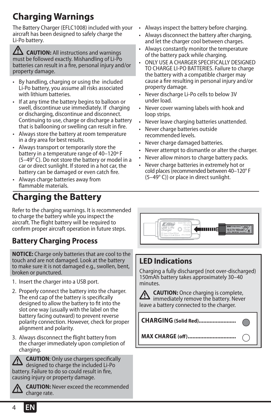 Charging the battery, Charging warnings, Battery charging process | Led indications, Charging | E-flite UMX Radian BNF User Manual | Page 4 / 18