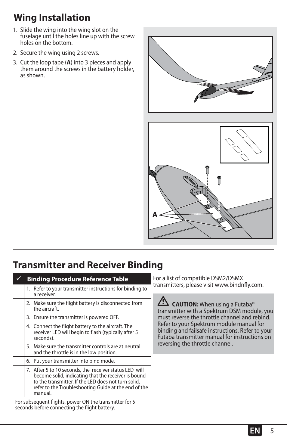 Wing installation, Transmitter and receiver binding | E-flite UMX Radian BNF User Manual | Page 5 / 18