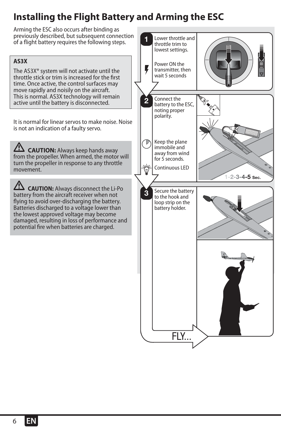 Installing the flight battery and arming the esc | E-flite UMX Radian BNF User Manual | Page 6 / 18