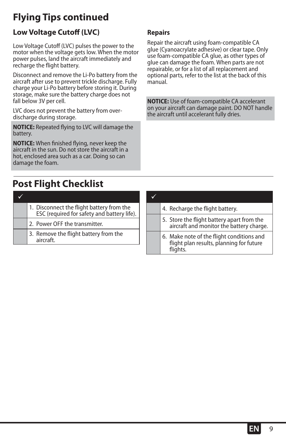 Flying tips continued post flight checklist | E-flite UMX Radian BNF User Manual | Page 9 / 18
