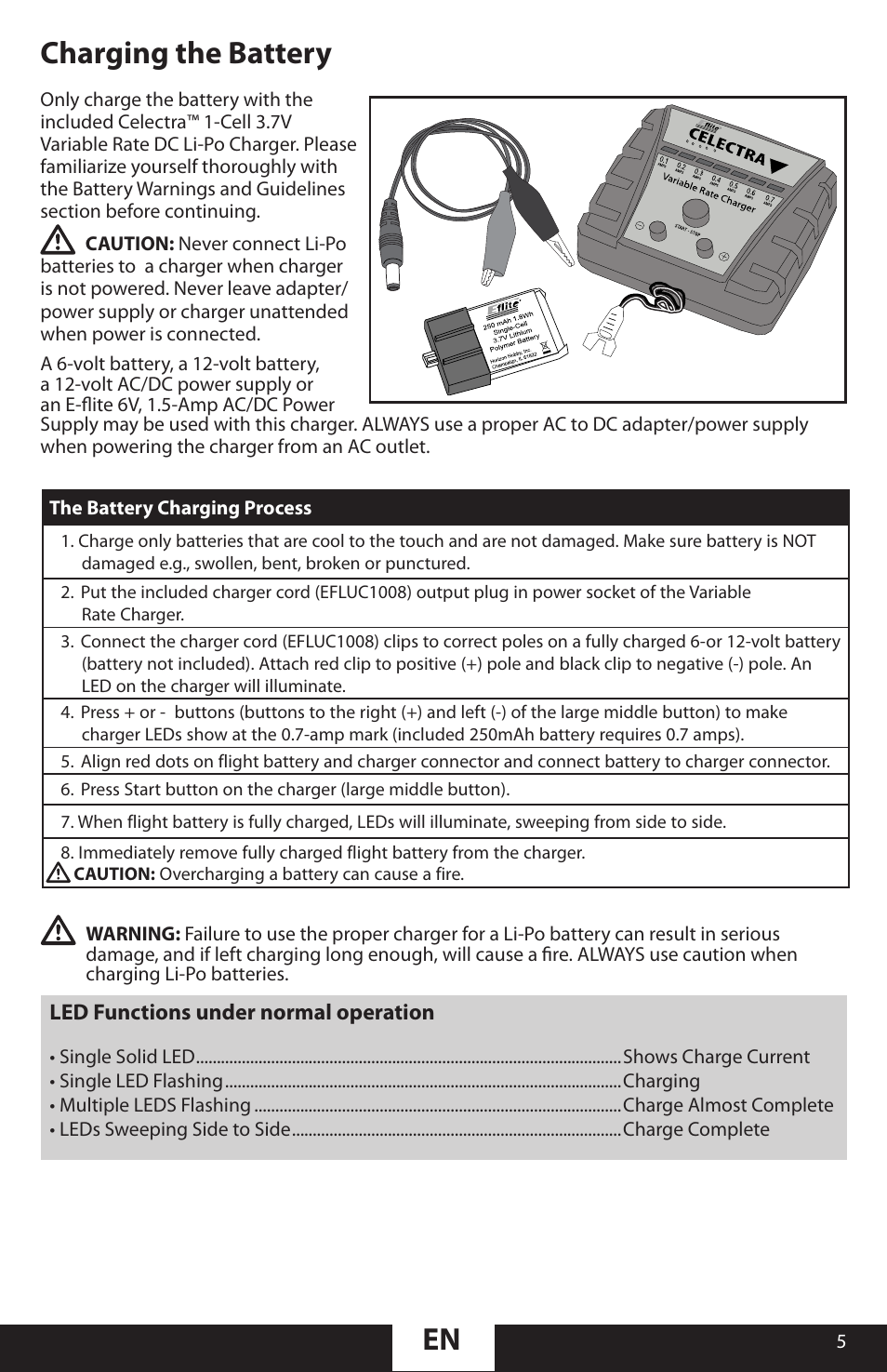 E-flite 1 Cell Variable Rate DC Li-Po Charger 6V, 12V User Manual | 1 page