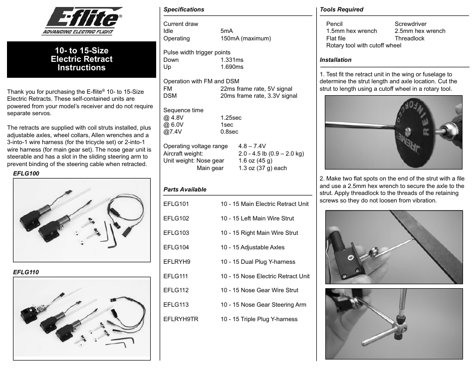 E-flite 10 - 15 Main Electric Retract Unit User Manual | 4 pages