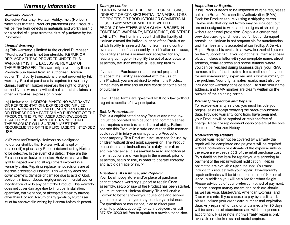 Warranty information | E-flite 10 - 15 Main Electric Retract Unit User Manual | Page 3 / 4