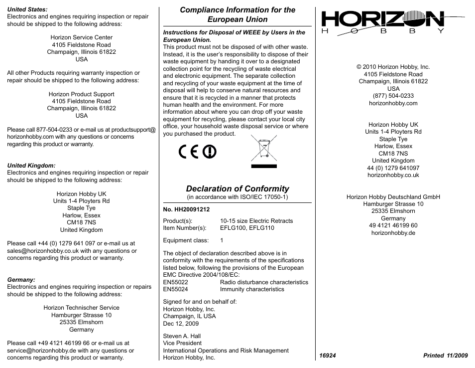 Declaration of conformity | E-flite 10 - 15 Main Electric Retract Unit User Manual | Page 4 / 4