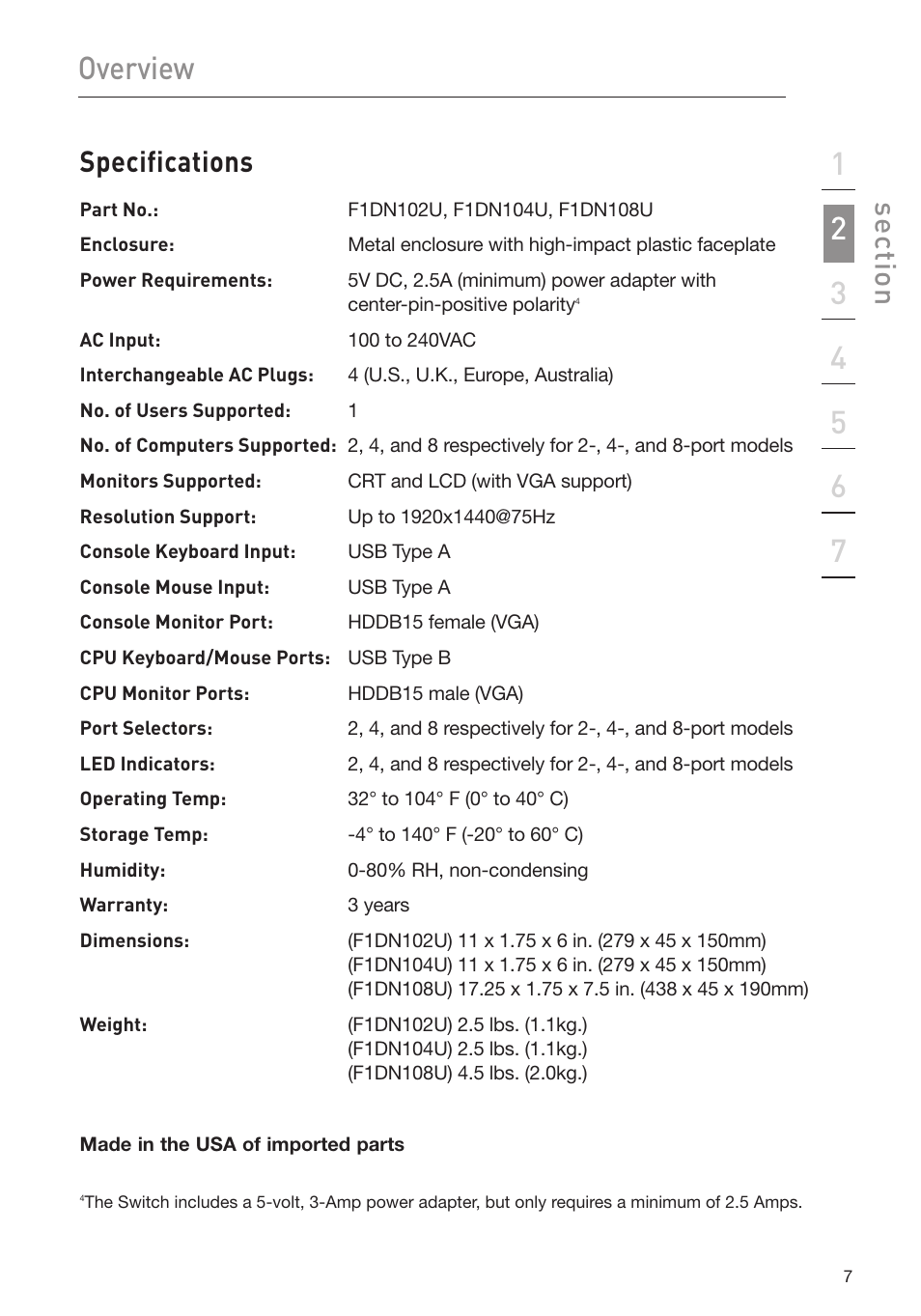 Overview, Se ct io n, Specifications | Belkin OmniView Secure Kvm Switch F1DN102U User Manual | Page 12 / 26