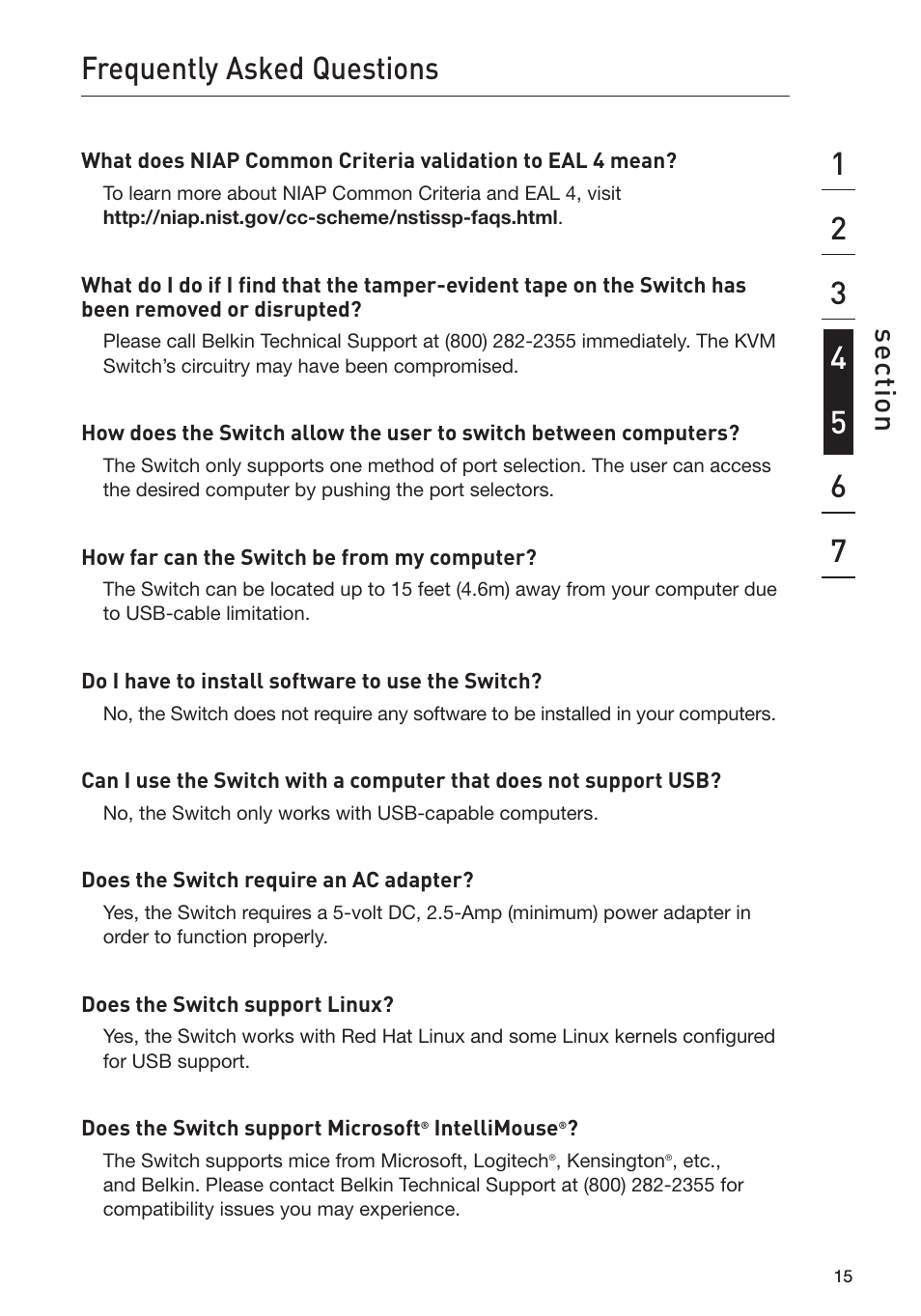Frequently asked questions, Se ct io n | Belkin OmniView Secure Kvm Switch F1DN102U User Manual | Page 20 / 26