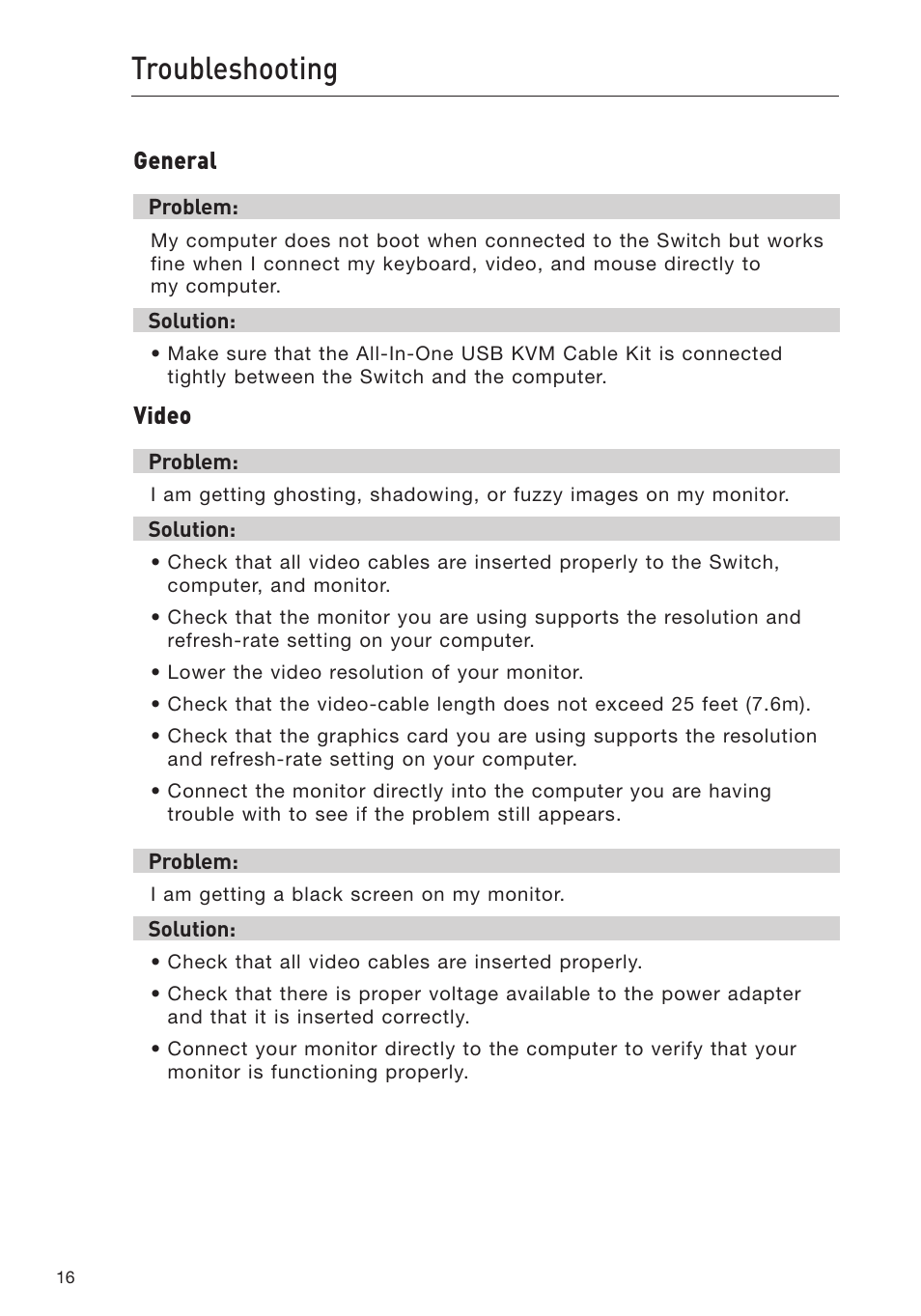 Troubleshooting, General, Video | Belkin OmniView Secure Kvm Switch F1DN102U User Manual | Page 21 / 26