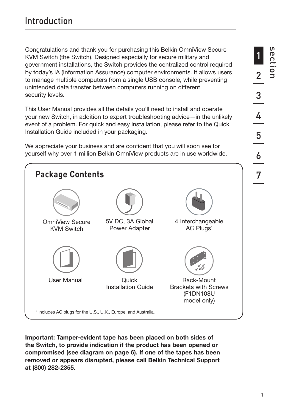 Introduction, Se ct io n, Package contents | Belkin OmniView Secure Kvm Switch F1DN102U User Manual | Page 6 / 26