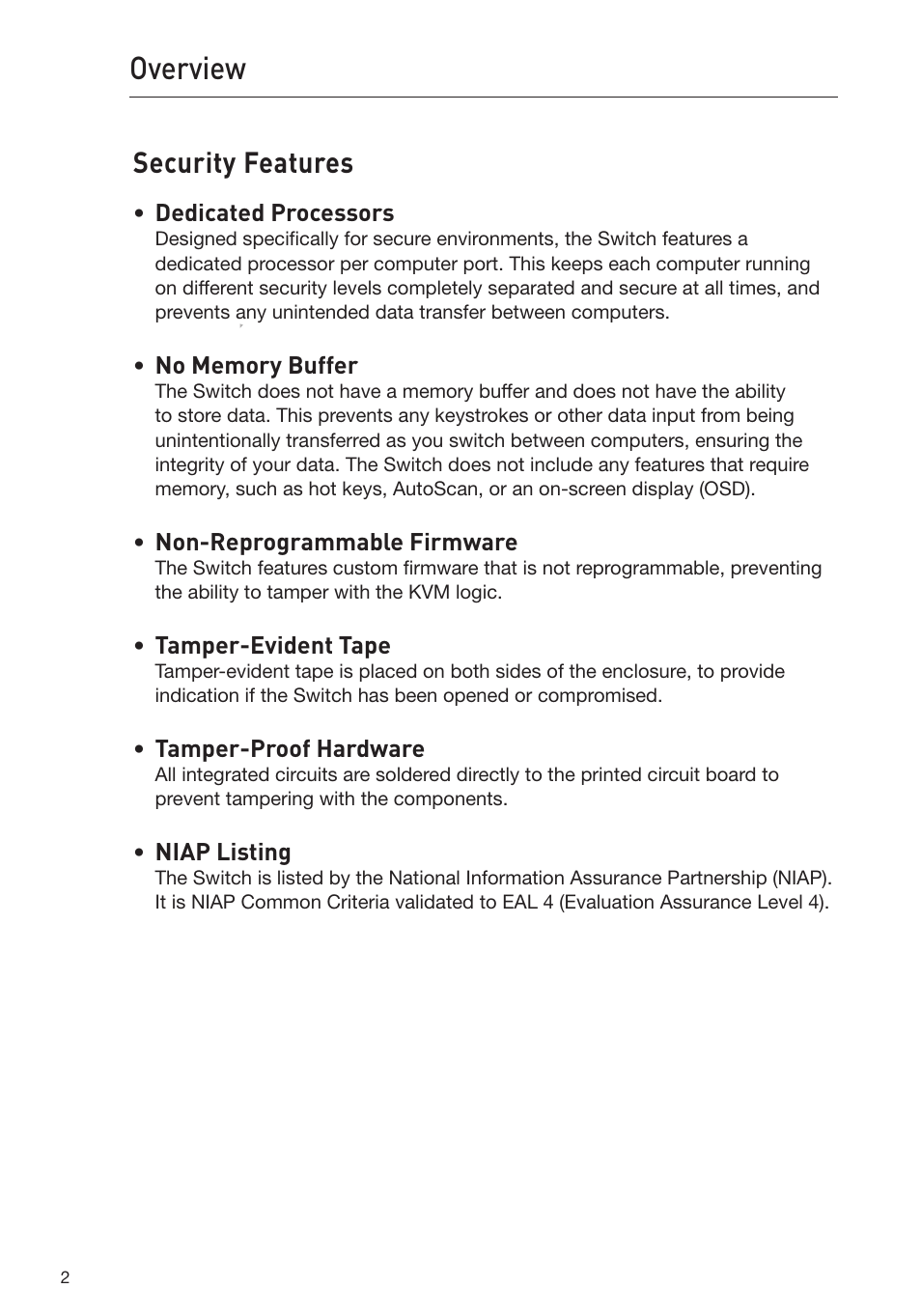 Overview, Security features | Belkin OmniView Secure Kvm Switch F1DN102U User Manual | Page 7 / 26