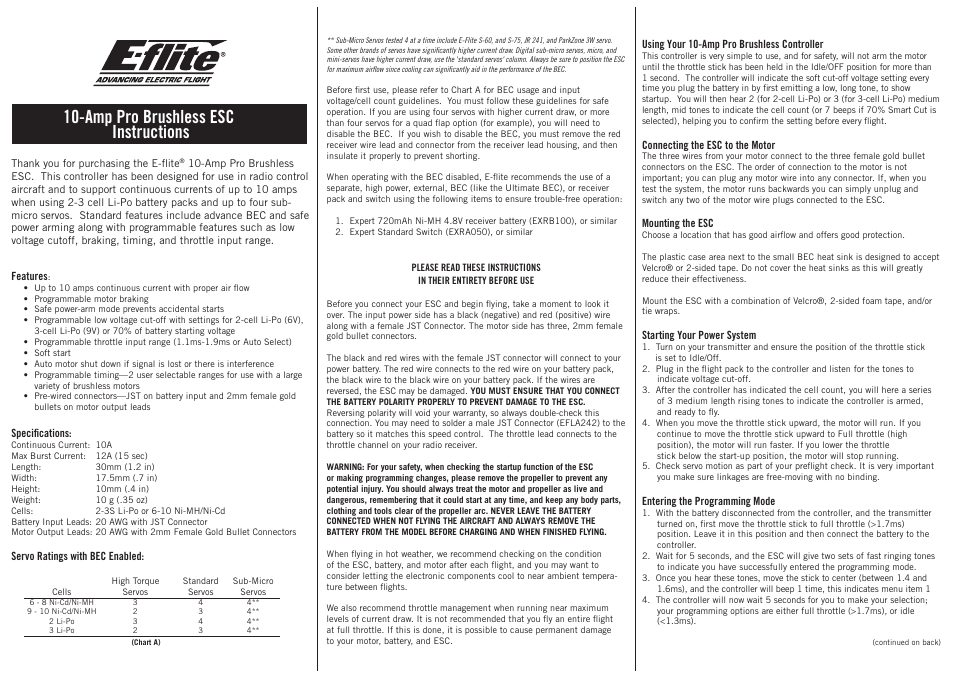 E-flite 10-Amp Pro Brushless ESC User Manual | 2 pages