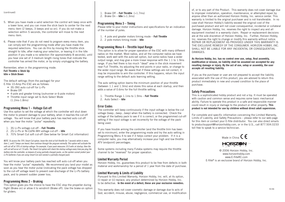 9194 efl 10a back.pdf | E-flite 10-Amp Pro Brushless ESC User Manual | Page 2 / 2