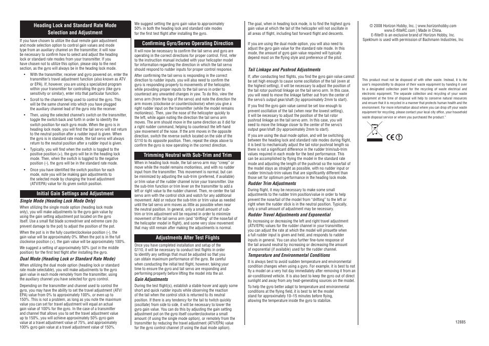 E-flite 11.0-Gram G110 Micro Heading Lock Gyro User Manual | Page 2 / 3