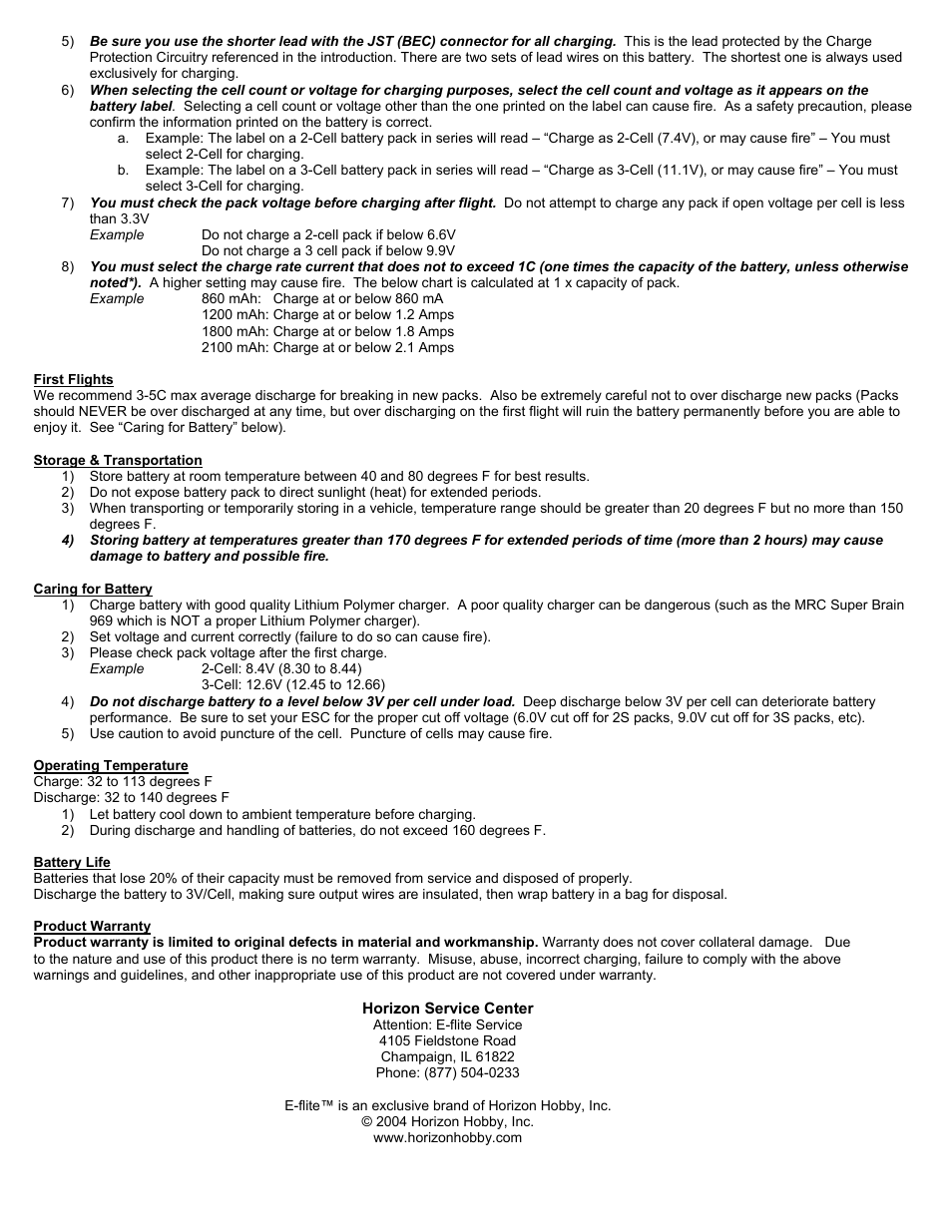 Example860 mah: charge at or below 860 ma, 1200 mah: charge at or below 1.2 amps, First flights | Storage & transportation, Caring for battery, Operating temperature, Battery life, Product warranty, Horizon service center | E-flite 7.4V 860mAh 2-Cell LIPO,JST User Manual | Page 2 / 2