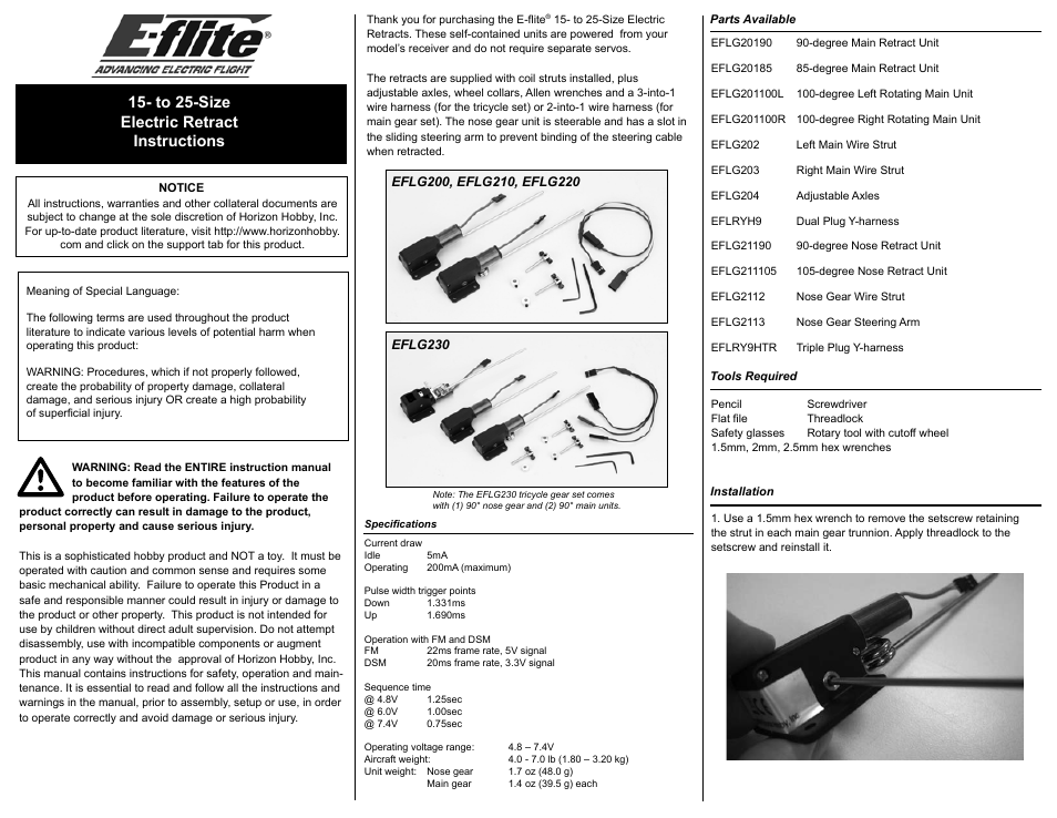 E-flite 15 - 25 105-Degree Nose Electric Retract Unit User Manual | 4 pages