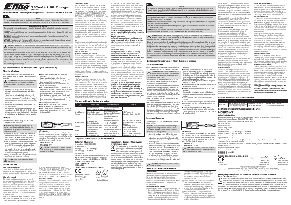 E-flite 1S USB Li-Po Charger, 300mA User Manual | 2 pages