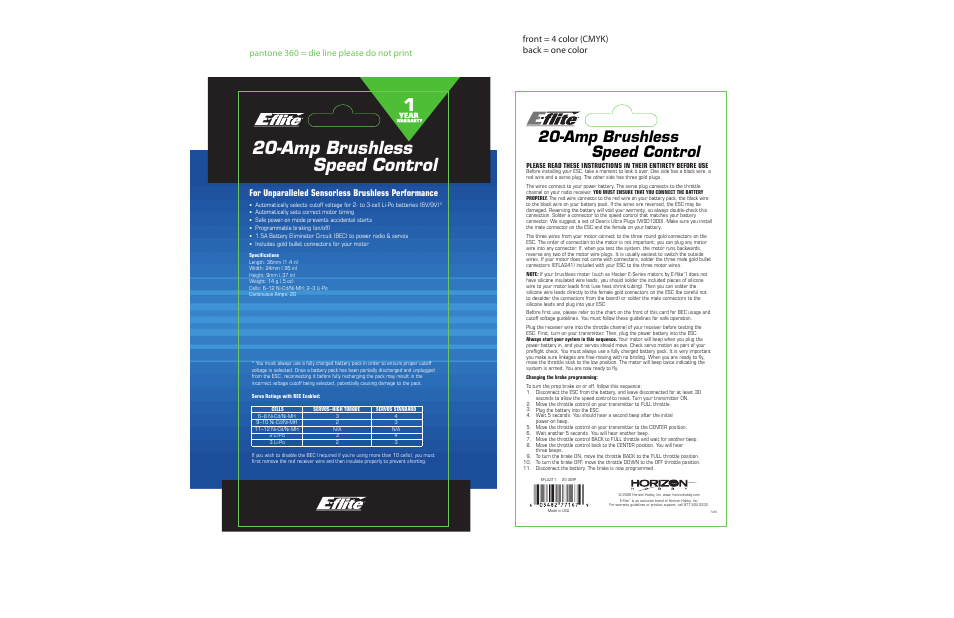 E-flite 20-Amp Brushless ESC User Manual | 1 page