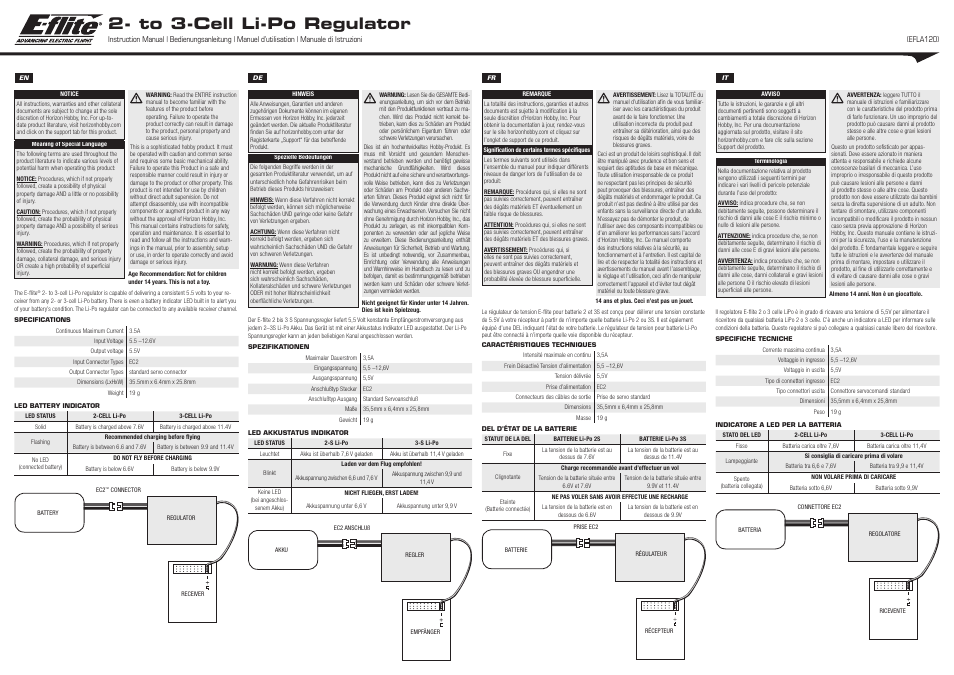 E-flite 2-3 Cell LiPo Regulator, 5.5v User Manual | 3 pages