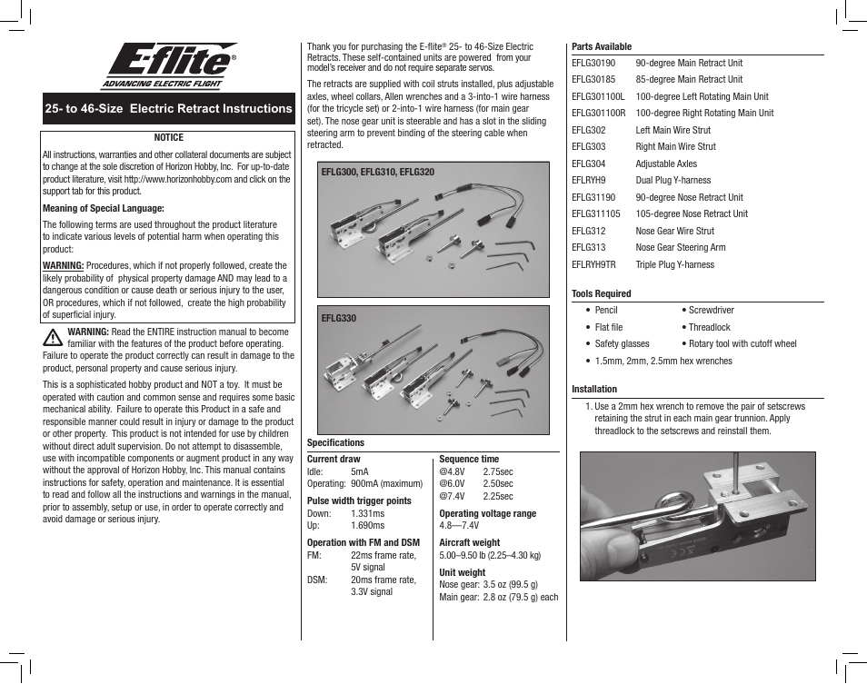 E-flite 25 - 46 85-Degree Main Electric Retracts User Manual | 4 pages