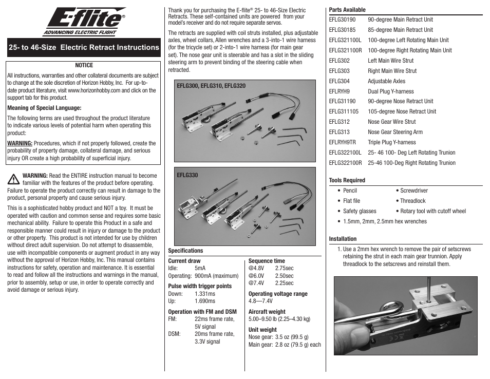 E-flite 25-46 100 Degree Rotating Electric Retracts User Manual | 4 pages