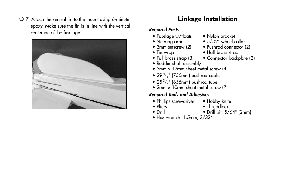 Linkage installation | E-flite 25-Size Fiberglass ARF Floats User Manual | Page 11 / 32