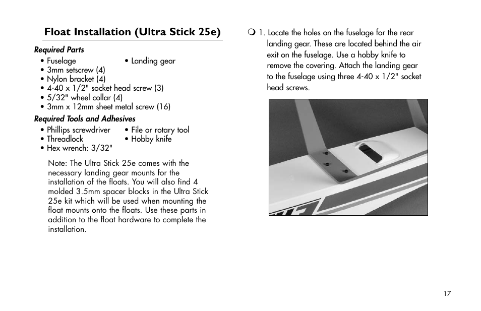 Float installation (ultra stick 25e) | E-flite 25-Size Fiberglass ARF Floats User Manual | Page 17 / 32