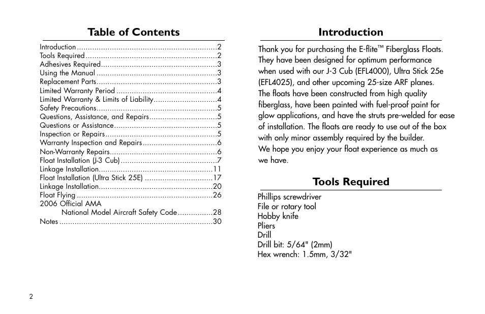 E-flite 25-Size Fiberglass ARF Floats User Manual | Page 2 / 32