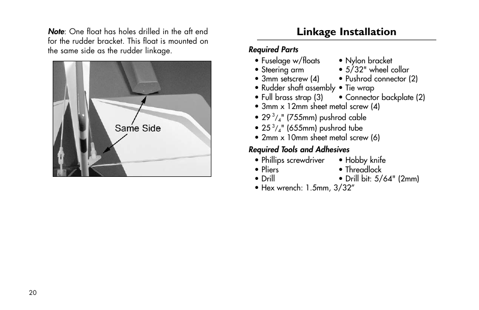 Linkage installation | E-flite 25-Size Fiberglass ARF Floats User Manual | Page 20 / 32