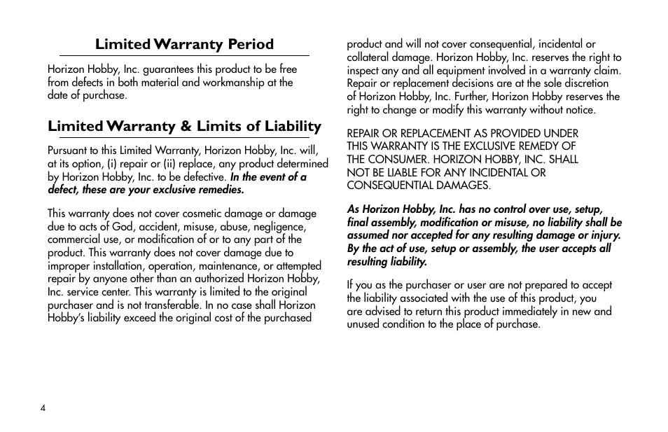 Limited warranty period, Limited warranty & limits of liability | E-flite 25-Size Fiberglass ARF Floats User Manual | Page 4 / 32