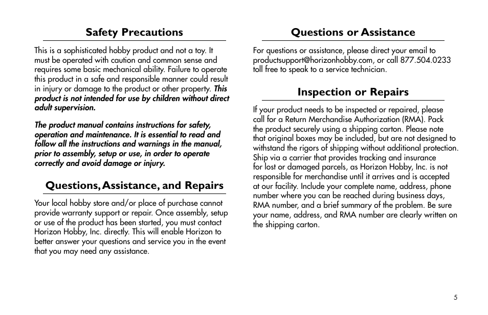 Safety precautions, Questions, assistance, and repairs, Questions or assistance | Inspection or repairs | E-flite 25-Size Fiberglass ARF Floats User Manual | Page 5 / 32