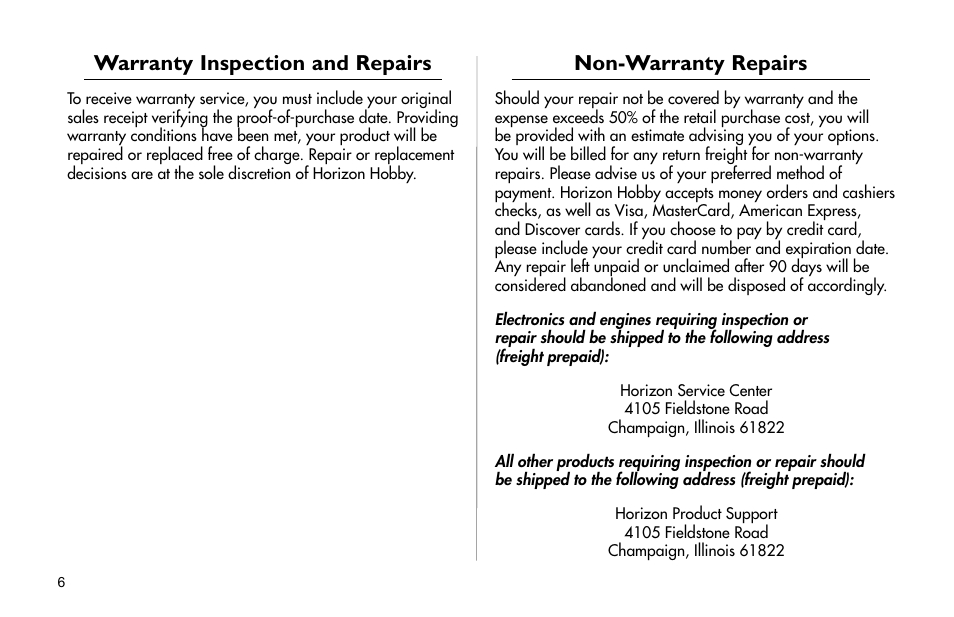 Non-warranty repairs, Warranty inspection and repairs | E-flite 25-Size Fiberglass ARF Floats User Manual | Page 6 / 32