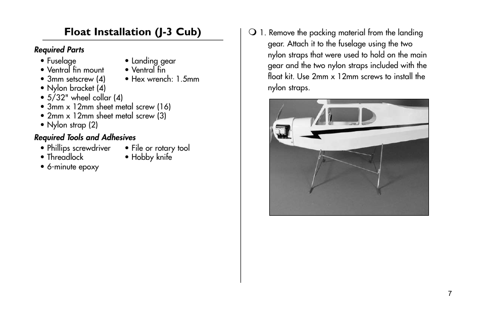 Float installation (j-3 cub) | E-flite 25-Size Fiberglass ARF Floats User Manual | Page 7 / 32