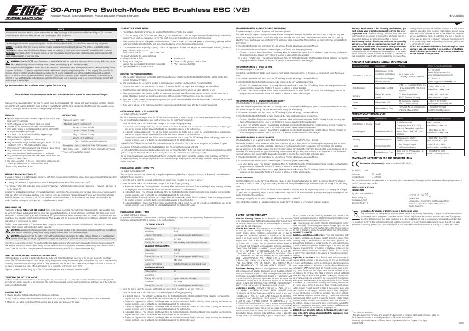 E-flite 30-Amp Pro Switch-Mode BEC Brushless ESC (V2) User Manual | 1 page