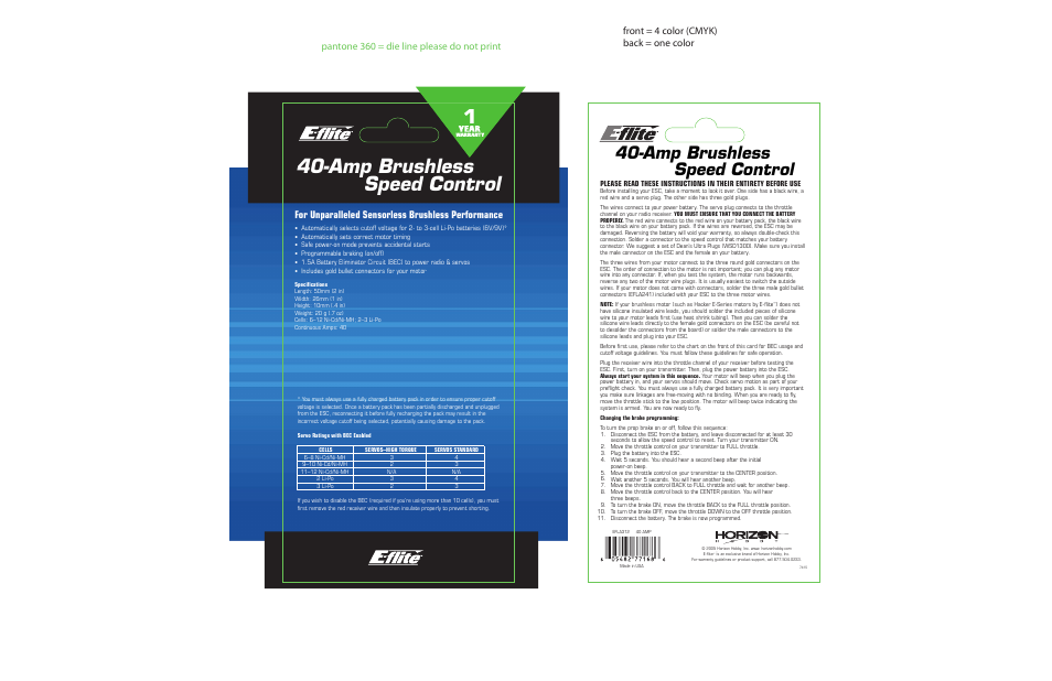 E-flite 40-Amp Brushless ESC User Manual | 1 page